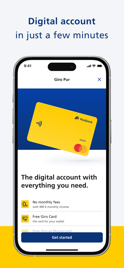 Postbankアプリのデジタル口座開設画面、黄色いデビットカードと口座特典をフィーチャー。