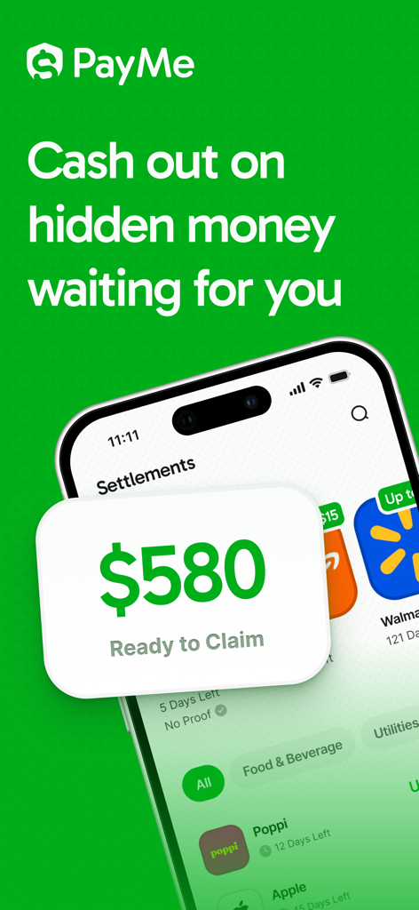 PayMe - Claim Your Money - PayMeアプリのインターフェース。クラスアクション訴訟の和解金として580ドルが請求可能であることを示しています。