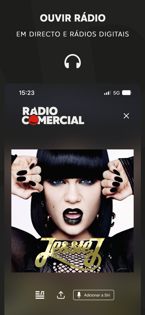 Radio Comercial - Radio Comercial mobile App-Oberfläche, die einen Live-Musikplayer mit Jessie J Albumcover anzeigt.