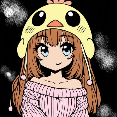 anime girl with chick shaped hat with sweater with bare shoulders with bangs covering them one eye with low tail