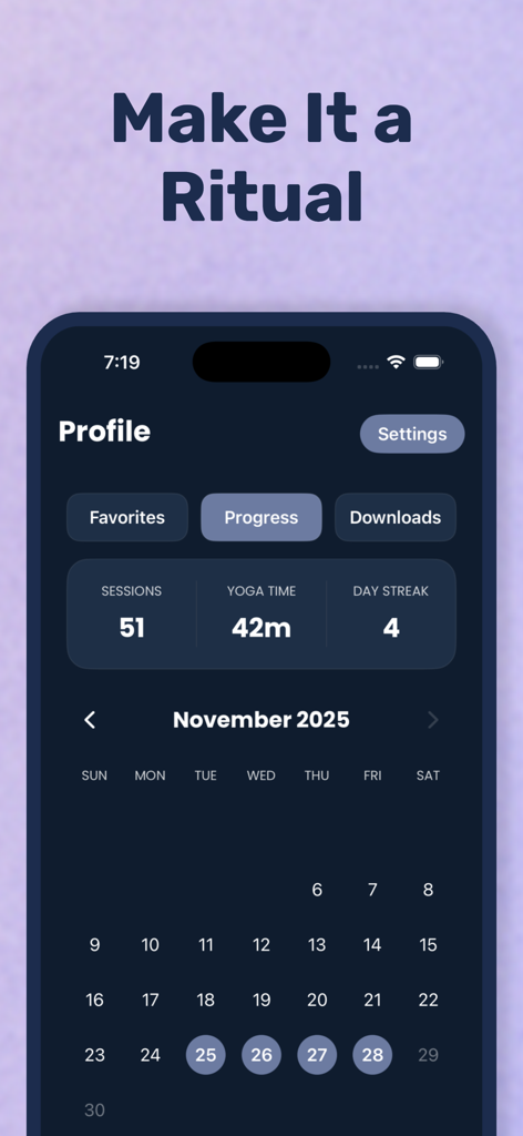 Yoga Wake Up: Alarm & Stretch - A profile page in the Yoga Wake Up app displaying workout sessions and a habit streak calendar.