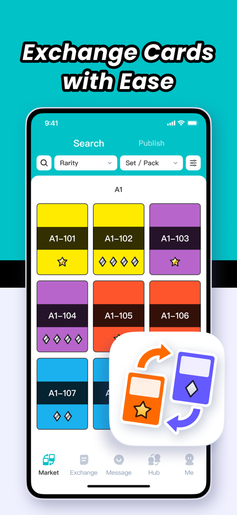 PokeHub - for TCG Pocket - Interfaccia dell'app PokeHub che mostra la schermata di ricerca degli scambi di carte con filtri di rarità e griglia della collezione di carte per gli allenatori