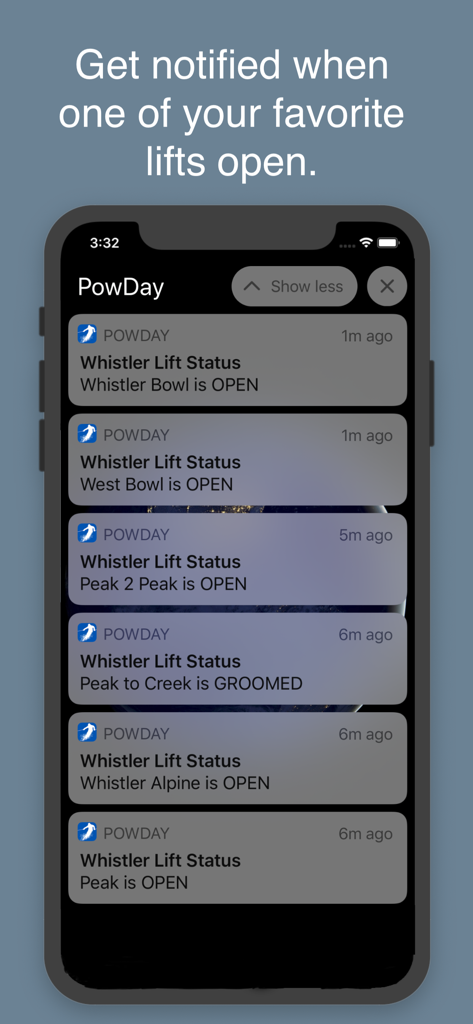 PowDay - iPhone screen displaying real-time ski lift and bowl status notifications from the PowDay app for Whistler Blackcomb