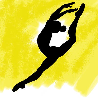 gymnast doing a leap in a leotard with a bent back leg