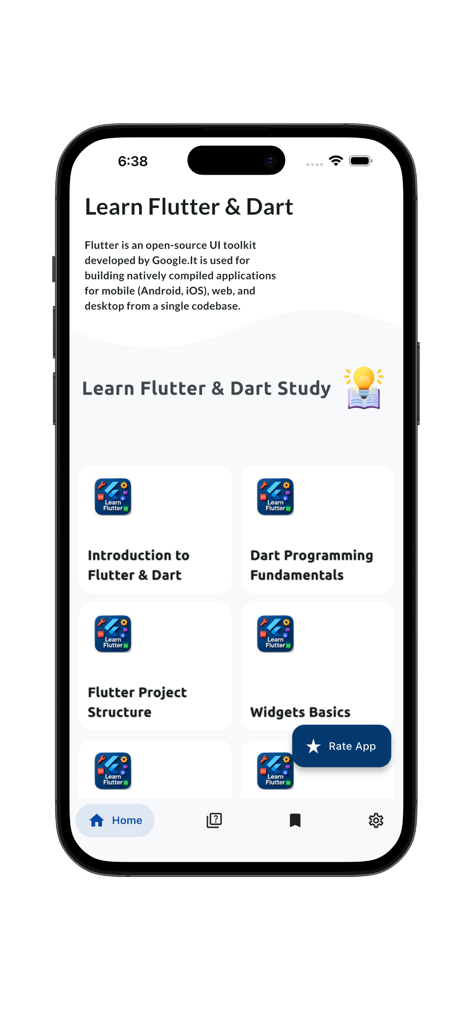 Pantalla de inicio de la app Learn Flutter y Dart mostrando módulos educativos como fundamentos de programación y bases de widgets.