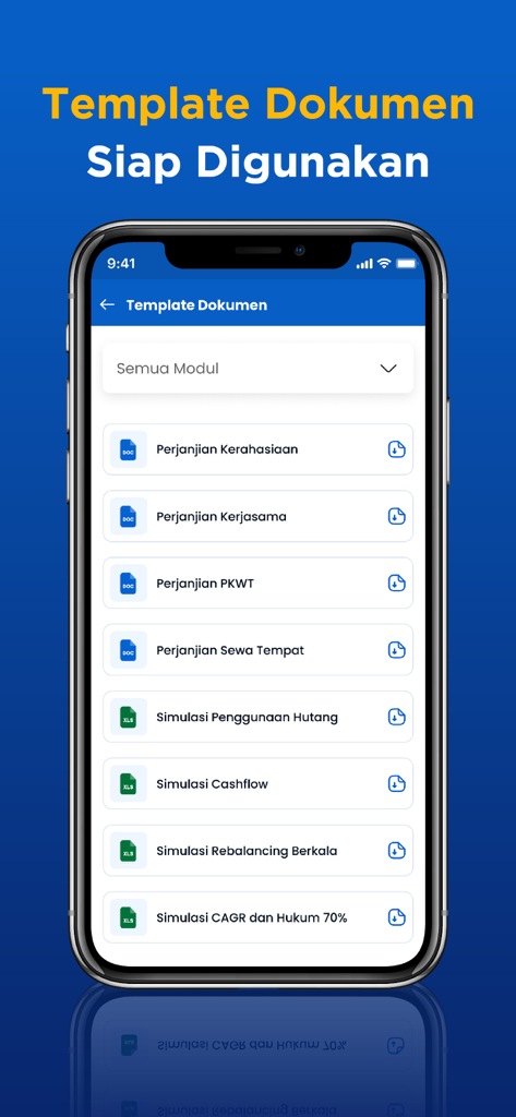 GrowWin by AsahPolaPikir - Interface do aplicativo GrowWin mostrando uma lista de modelos de documentos de negócios prontos para usar, incluindo contratos e simulações financeiras