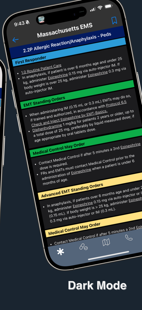 Massachusetts EMS mobile app displaying pediatric anaphylaxis medical protocols in dark mode interface
