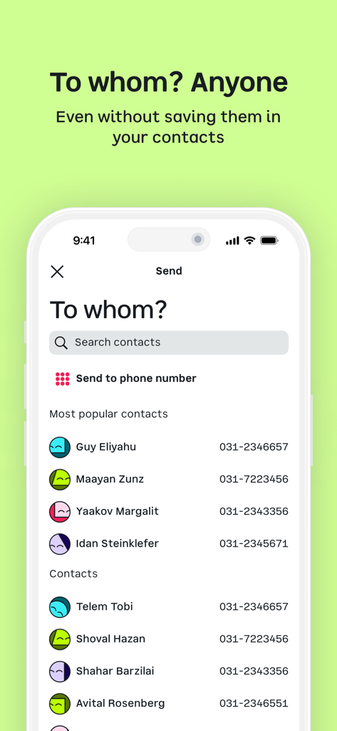 Interface of the bit app showing the contact list to send money to anyone