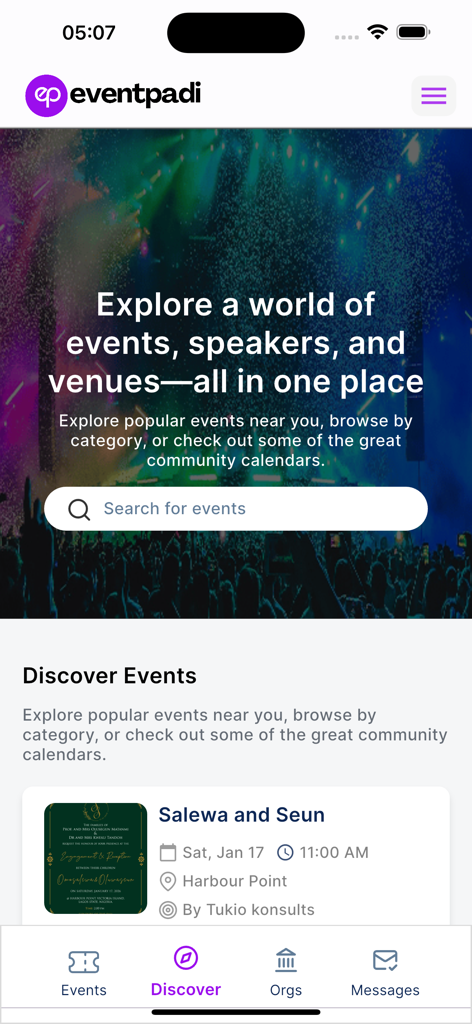 EventPadi - Interfaz de la aplicación móvil EventPadi que muestra la página de descubrimiento de eventos con una barra de búsqueda y listados de eventos locales.