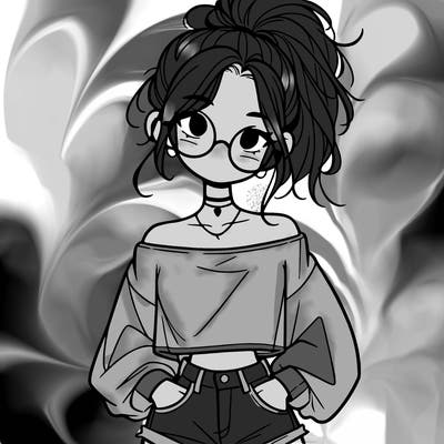 girl with a messy ponytail glasses a baggy crop top and jean shorts