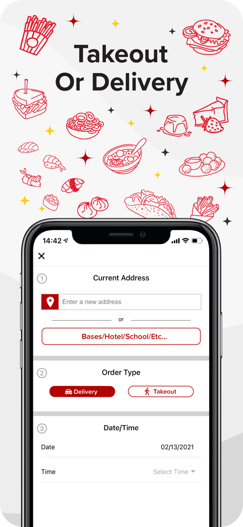 352 Delivery mobile app interface showing takeout or delivery selection and address input for Gainesville food orders