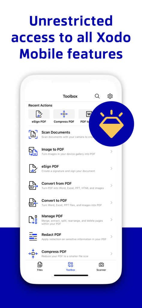 Xodo mobile app toolbox menu showing various PDF editing and document management tools