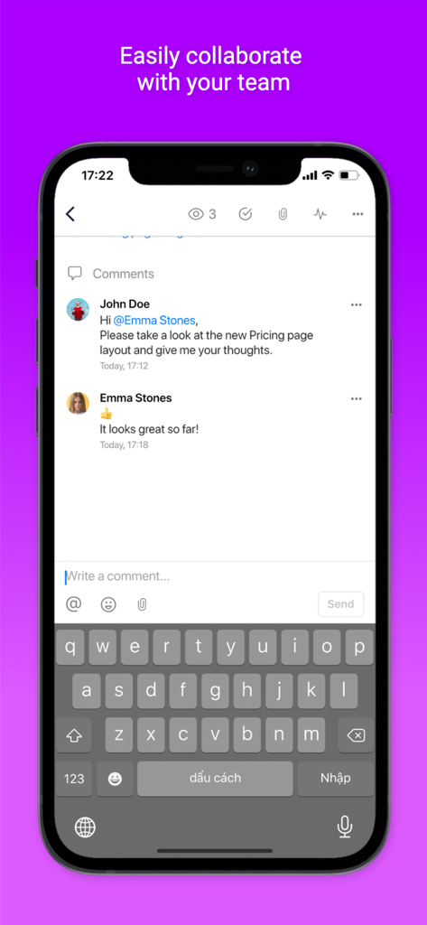 Upbase - Mobile view of the Upbase app showing a team collaboration message thread with comments