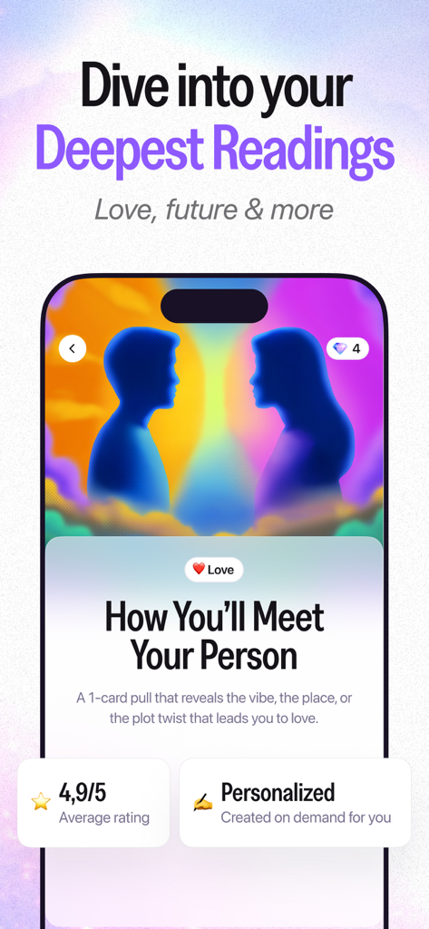 AstroClub app interface featuring a personalized love tarot reading with silhouetted figures and mystical colors