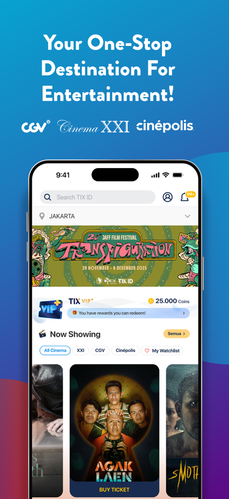 TIX ID - La pantalla de inicio de la aplicación móvil TIX ID que muestra listados de películas, logotipos de cines y puntos de recompensa de fidelidad.