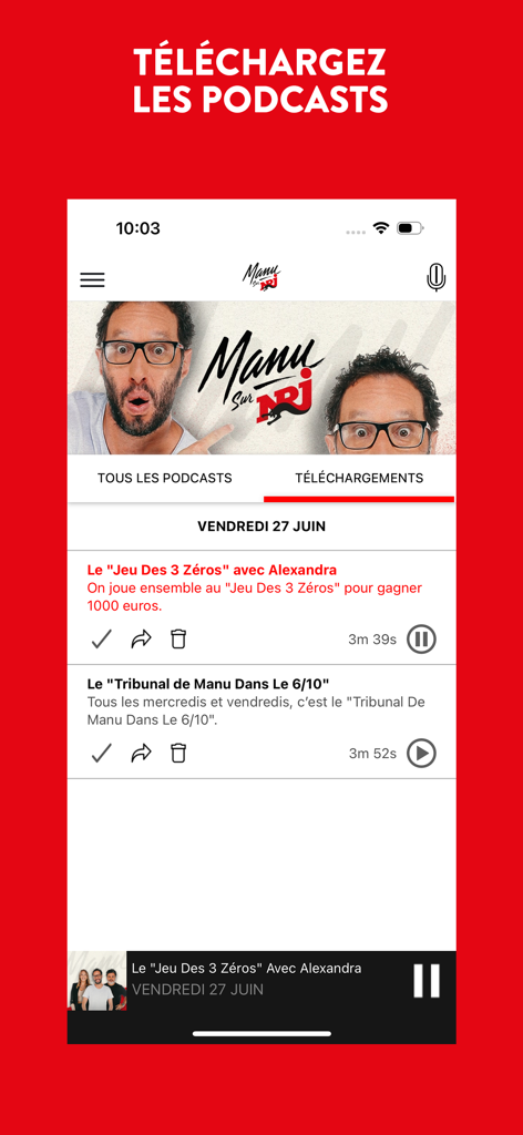 Manu sur NRJ - Écran de téléchargement de podcasts et d'écoute hors ligne de l'application Manu sur NRJ.