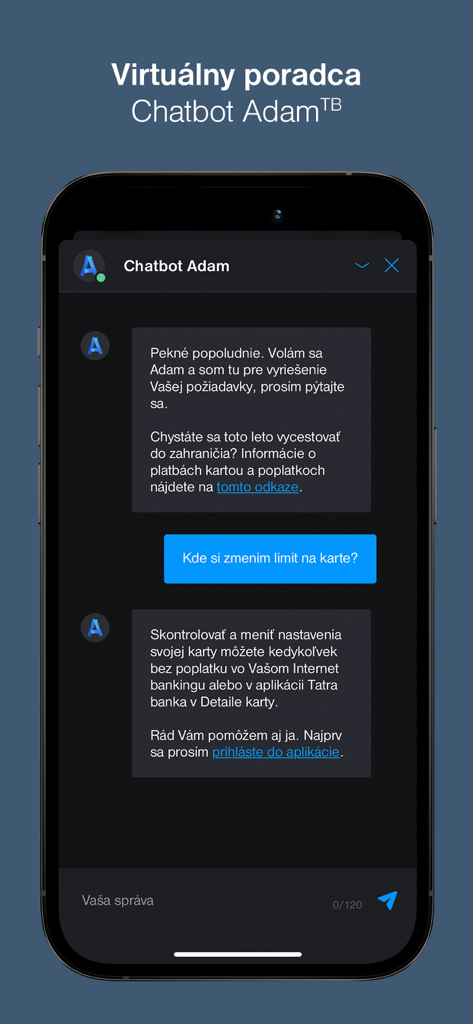 Tatra banka - Chatbot Adam interface in the Tatra banka mobile app