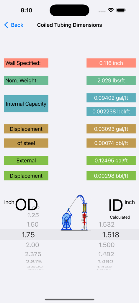 Mobile app screen showing coiled tubing dimensions and technical data