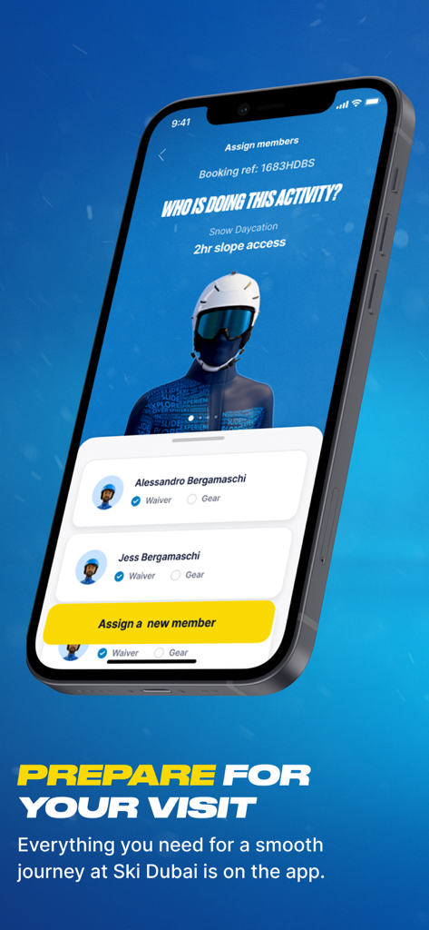 방문 전에 회원을 할당하고 장비를 관리하기 위한 스키 두바이 앱 인터페이스