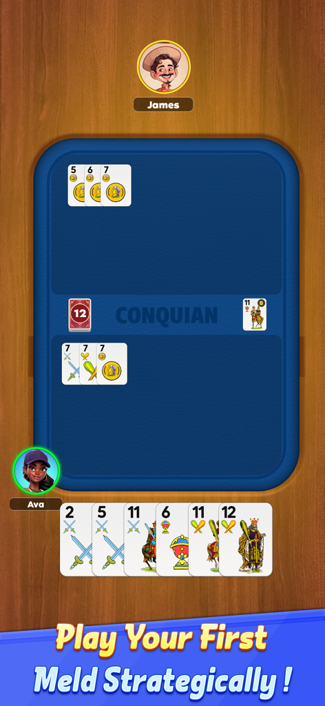 Conquian Card Game - Interfaz digital del Juego de Cartas Conquian que muestra a los jugadores haciendo combinaciones estratégicas en una mesa virtual de madera