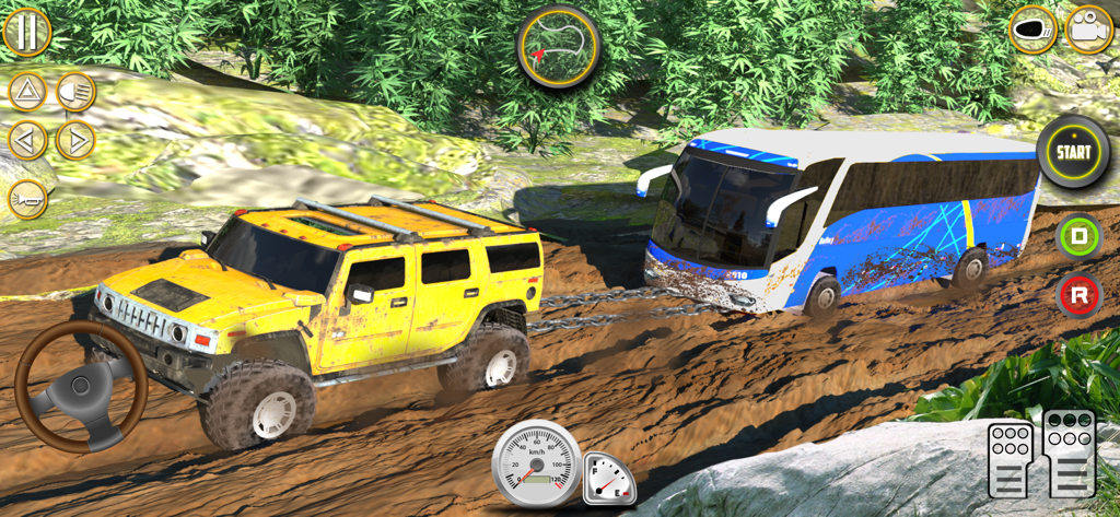 Offroad Mud Bus Simulator Game - Camión 4x4 amarillo remolcando un autobús a través de barro profundo en un simulador todoterreno