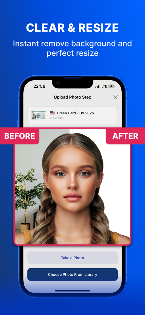 Green Card Visa AI Photo Maker - Una comparación que muestra la eliminación de fondo y el redimensionamiento por IA para una foto de visa de Green Card de 2x2 pulgadas.