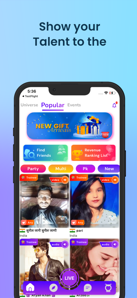 Dreamlive - Dreamlive app interface showing popular live video and audio streams