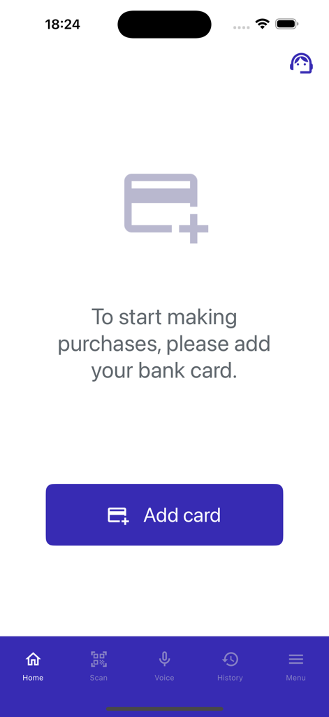 Pantalla de la aplicación Freez pidiendo a los usuarios que añadan una tarjeta bancaria para compras minoristas seguras y sin contacto.