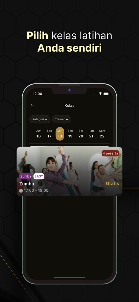 Nest Gym - Nest Gym mobile app interface for choosing fitness classes showing a calendar and a Zumba session option