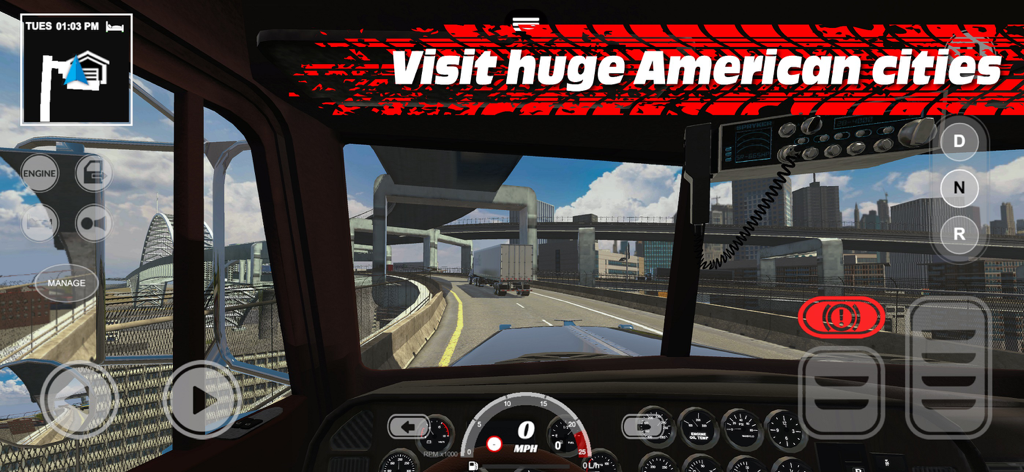 Cockpit-Ansicht aus der Egoperspektive eines LKW, der auf einer Autobahn in Richtung Skyline einer großen amerikanischen Stadt fährt