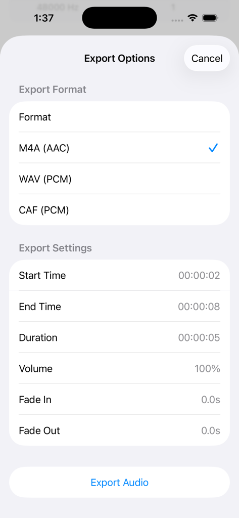 Audio Trimmer Plus - Export settings screen in Audio Trimmer Plus app showing format selection and audio parameters