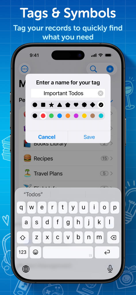 Interface de criação de tags e símbolos personalizados no Tap Forms Database Pro