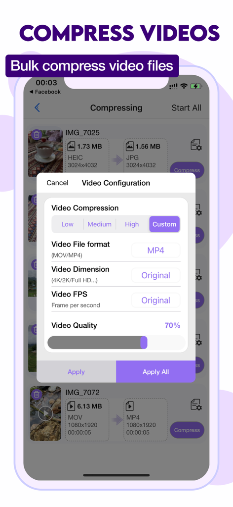 Video Compressor & Reduce size - Video configuration settings for compression format and quality on iPhone
