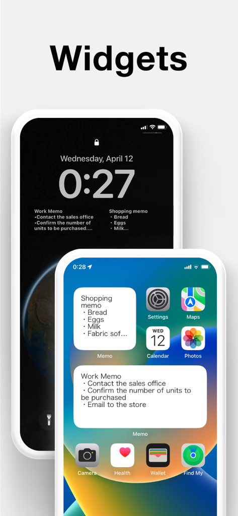 Notepad app widgets for shopping and work memos on iOS home and lock screens