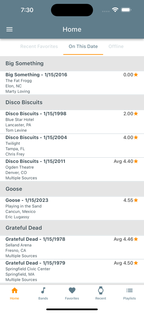 Taper's Section - Tapers Section app interface showing live concert recordings from bands like Grateful Dead on the On This Date tab