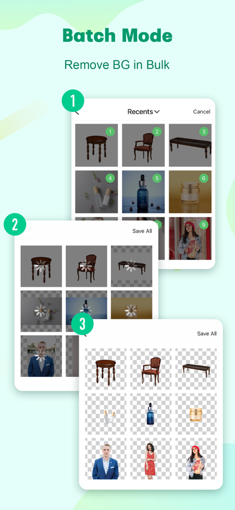 Apowersoft: Background Eraser - A demonstration of the batch mode feature showing background removal from multiple images simultaneously