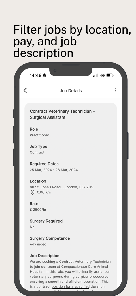 VetWork Pro - Tela móvel mostrando a listagem detalhada de empregos veterinários com localização, taxa e requisitos no aplicativo VetWork Pro.
