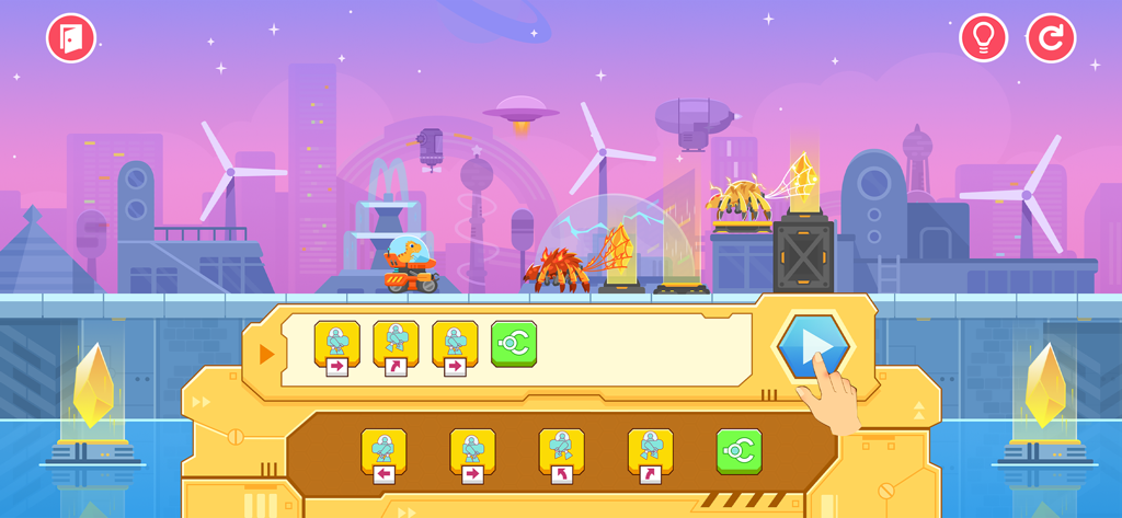 Kids coding game interface with visual programming blocks and a dinosaur in a space mech