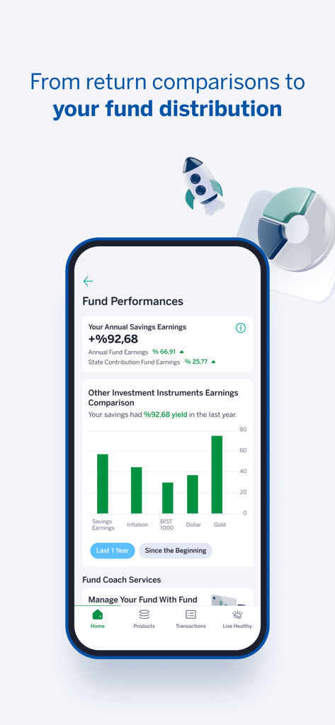 Garanti BBVA Emeklilik Mobile - Interface de l'application mobile affichant les gains annuels des économies et un graphique de comparaison des performances des investissements.