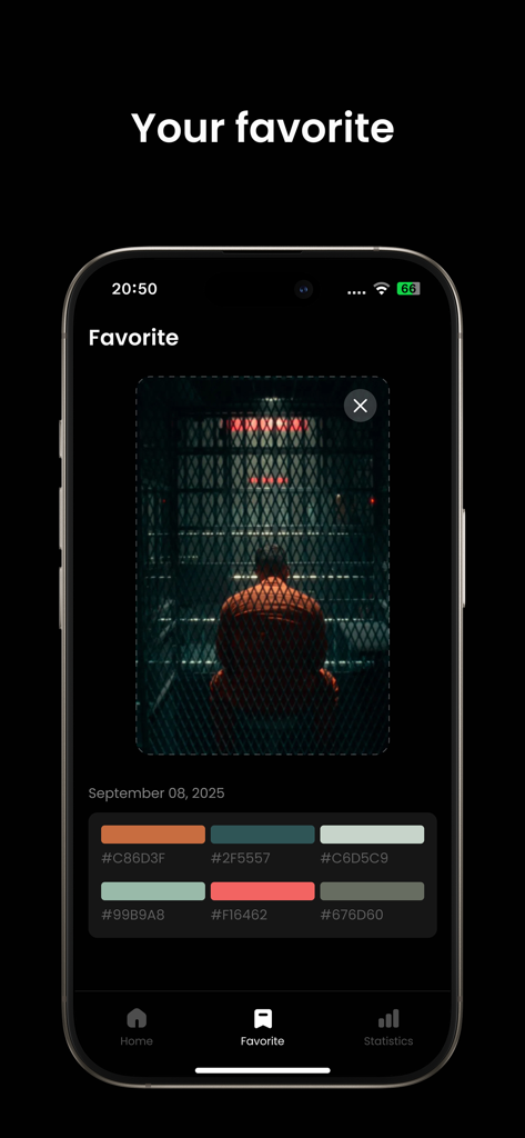 Colorvid app favorite screen showing extracted hex color codes from a movie scene image.