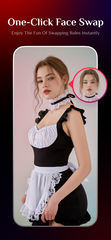 SwapX: AI Video&Photo Creator - A woman in a costume demonstrating the one-click AI face swap feature in the SwapX app