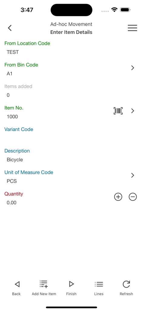 Interfaccia dell'app mobile MobileNAV per l'inserimento dei dettagli dell'articolo durante un movimento di inventario ad hoc