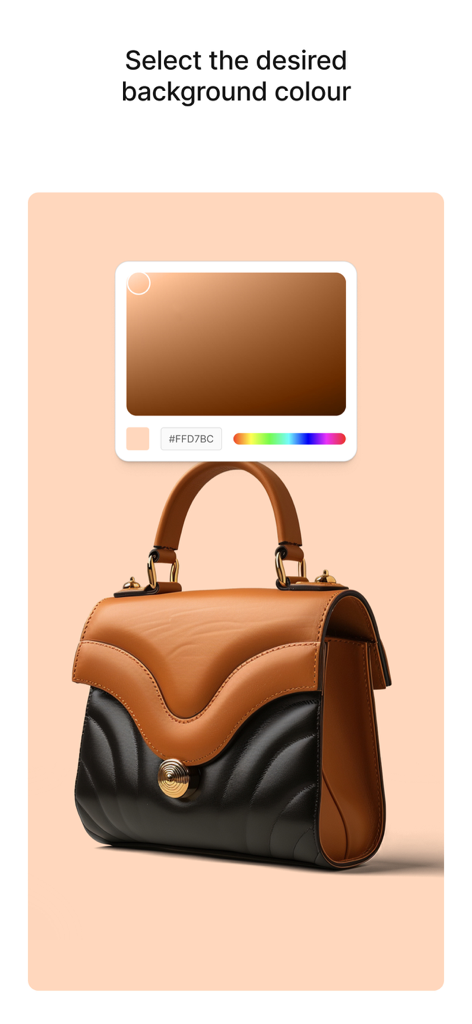 Shrink.media - A product photo of a handbag with a custom background color picker interface in the Shrink media app
