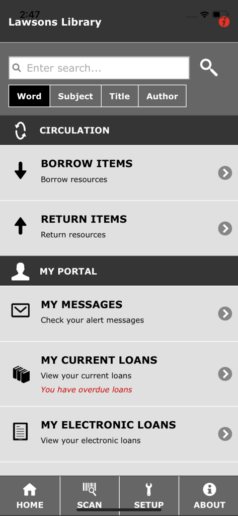 Liberty Link - Liberty Link app home screen showing search options circulation tools and user loan management