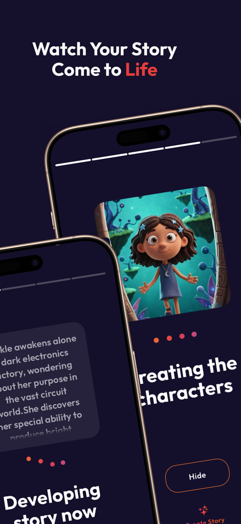 Uma interface de aplicativo móvel demonstrando o processo com IA de criação de personagens e roteiros para histórias infantis.