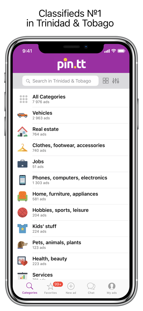 Pin.tt mobile app displaying various shopping categories for Trinidad and Tobago