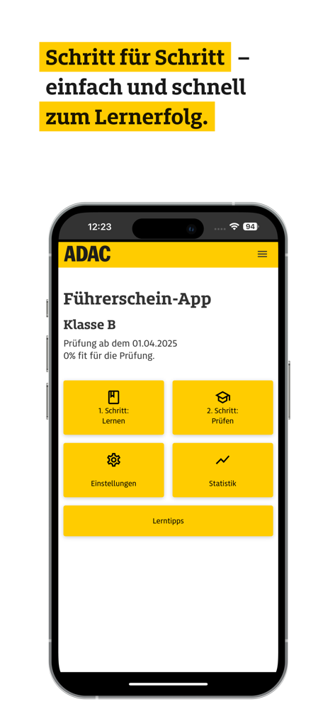 ADAC Führerschein - Dashboard der ADAC Führerschein-App mit Optionen zum Lernen und zur Prüfungssimulation für den deutschen Führerschein Klasse B