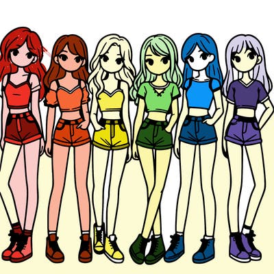 a group of girls wearing crop tops and shorts