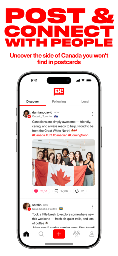 EH! - Canada's Social Network - Interfaz móvil de la red social EH! de Canadá mostrando un feed comunitario con un grupo de personas sosteniendo una bandera canadiense.