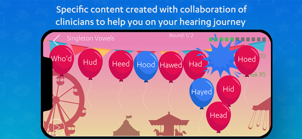 Hearoes - Empower Your Hearing - Hearoes app interface showing a gamified auditory training session for singleton vowels with colorful balloons in a carnival setting